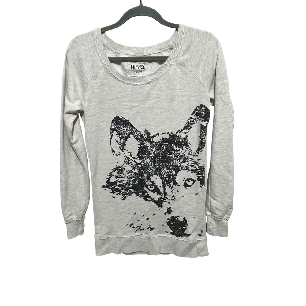 Kirra‎ Womens Crewneck Long Sleeve Graphic Sweatshirt Gray Wolf Print M-Casual